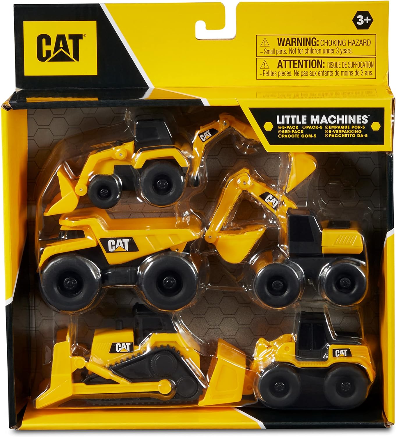 CAT Construction Toys, Little Machines 5pk Truck Toy Set, Includes Dump Truck, Front Loader, Bulldozer, Backhoe, and Excavator Vehicles with Moving Parts, Cake Toppers Ages 3+