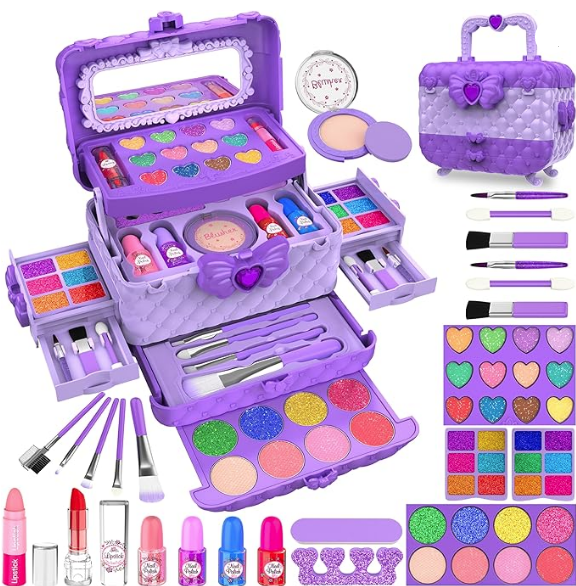 54 Pcs Kids Makeup Kit for Girls, Princess Real Washable Pretend Play Cosmetic Set Toys with Mirror, Non-Toxic & Safe, Birthday Gifts for 3 4 5 6 7 8 9 10 Years Old Girls Kids (Purple)