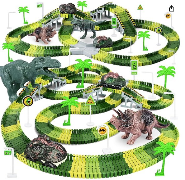 Dinosaur Toys, 252 PCS Create A Dinosaur World Road Race Tracks, Flexible Track Playset, 2pcs Dinosaur Car for 3 4 5 6 Year Old Boys Girls Best Gift