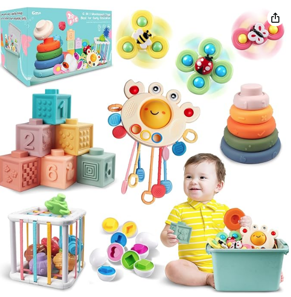 Baby Toys for 6 to 12 Months, Montessori Sensory Bins Toys for Toddlers 1-3, Pull String Teether Infants Bath Toys 6 in 1 Stacking Blocks Rings, Matching Eggs, Suction Cup Spinner Toy