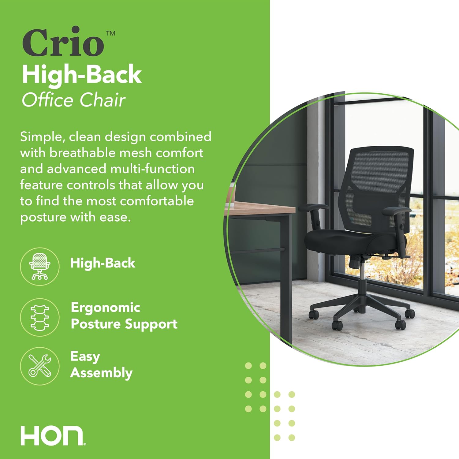 HON Crio Ergonomic Office Chair, High Back Task Chair, Home Office Desk Chair, Computer Desk Chair, Lumbar Support, Black Mesh