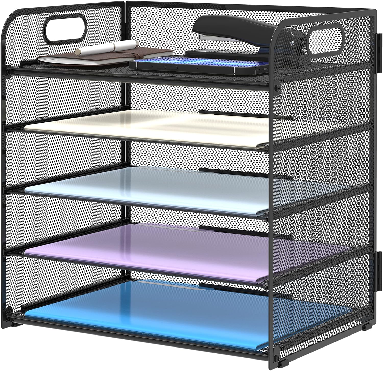 Supeasy 5 Trays Paper Organizer with Handle – Mesh Desk File/Letter Organizer,Black Paper Sorter for Office, Home or School